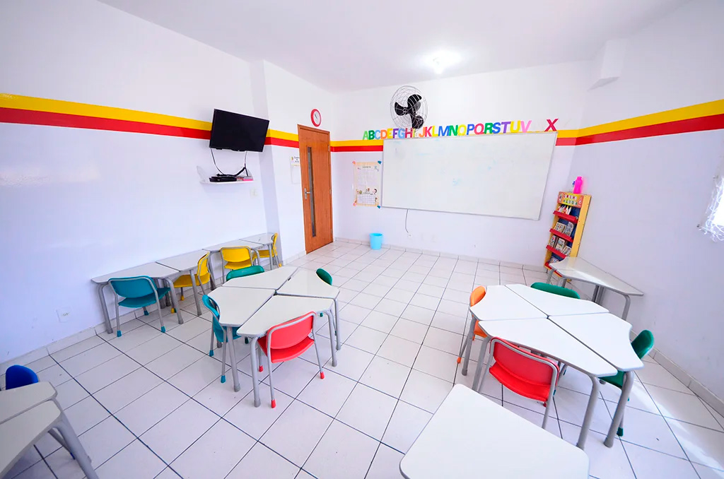 Sala de aula com mesas em grupo